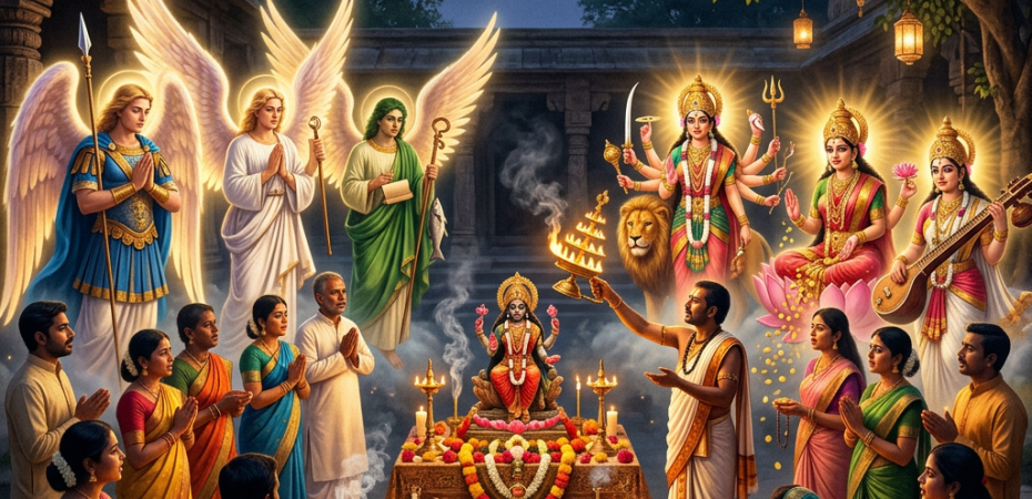 People performing a ritual around a Hindu goddess statue with angels and offerings at night