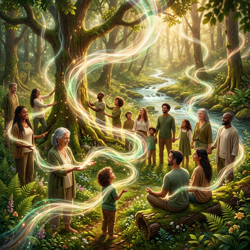 Group of diverse people connecting with glowing magical energy in forest clearing
