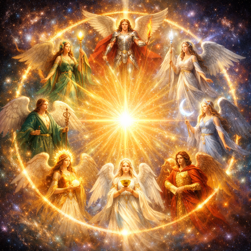 Eight angels in a glowing circular formation with a bright central light in space