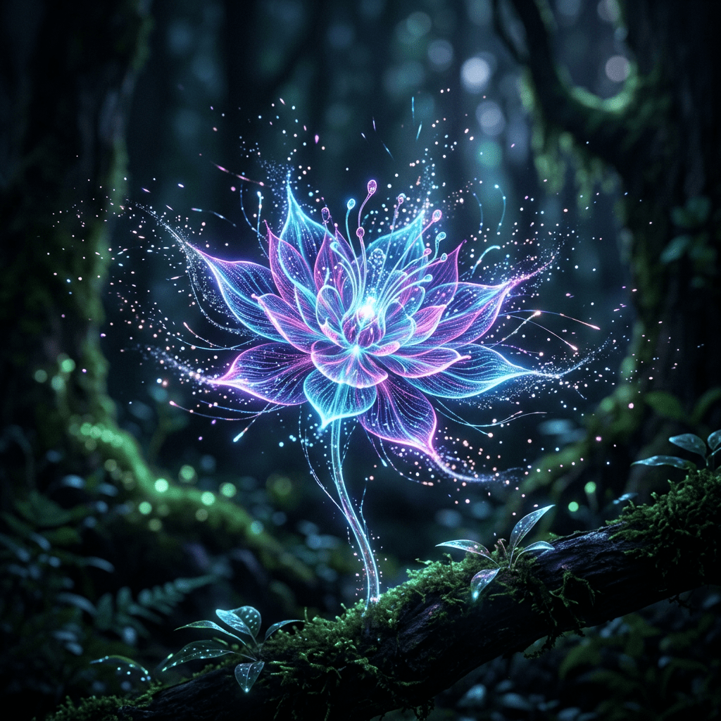 Glowing neon flower with blue and purple petals emitting light in a dark forest