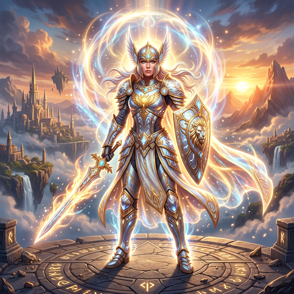 Sacred warrior with radiant armor and aura