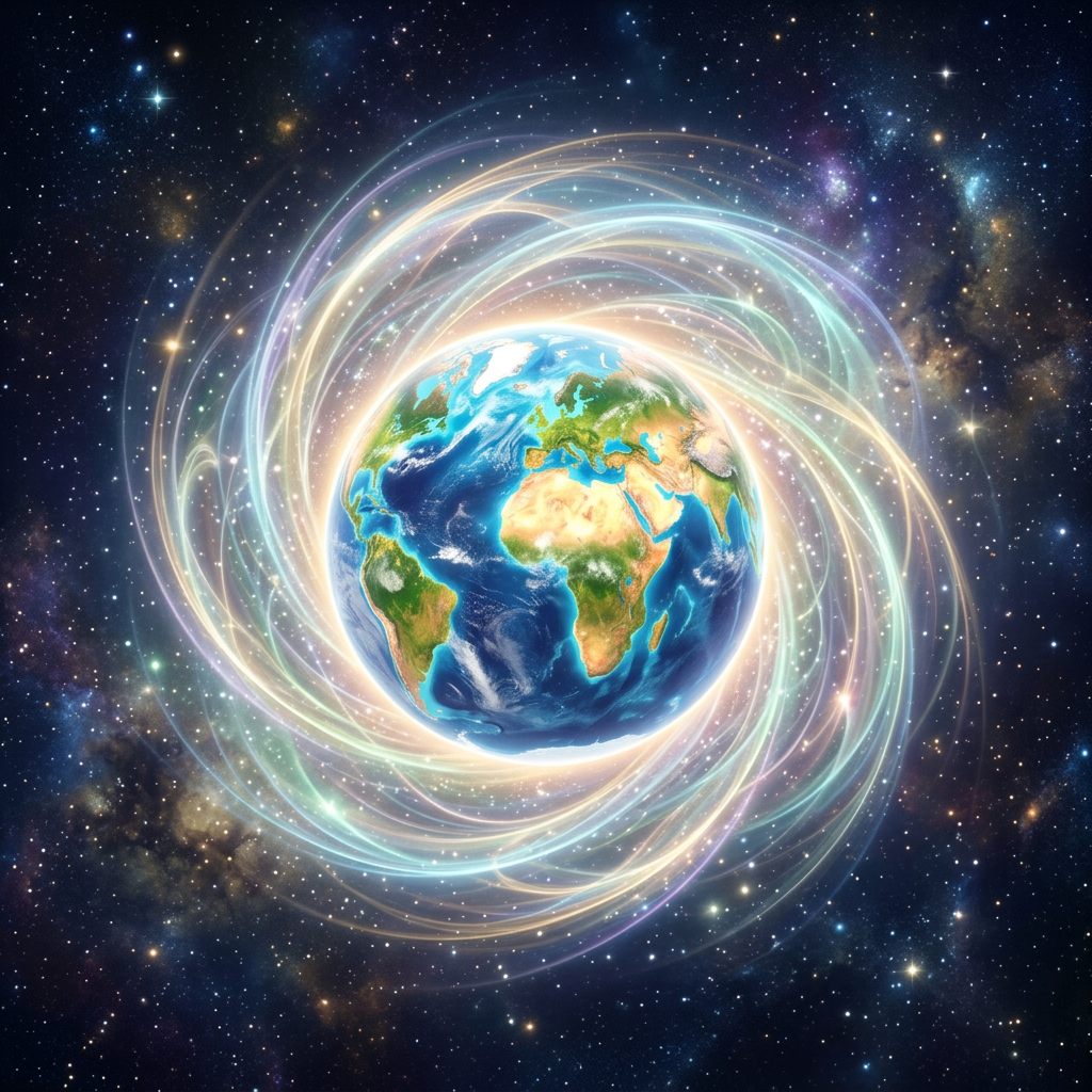 Earth surrounded by a glowing swirling energy field in outer space