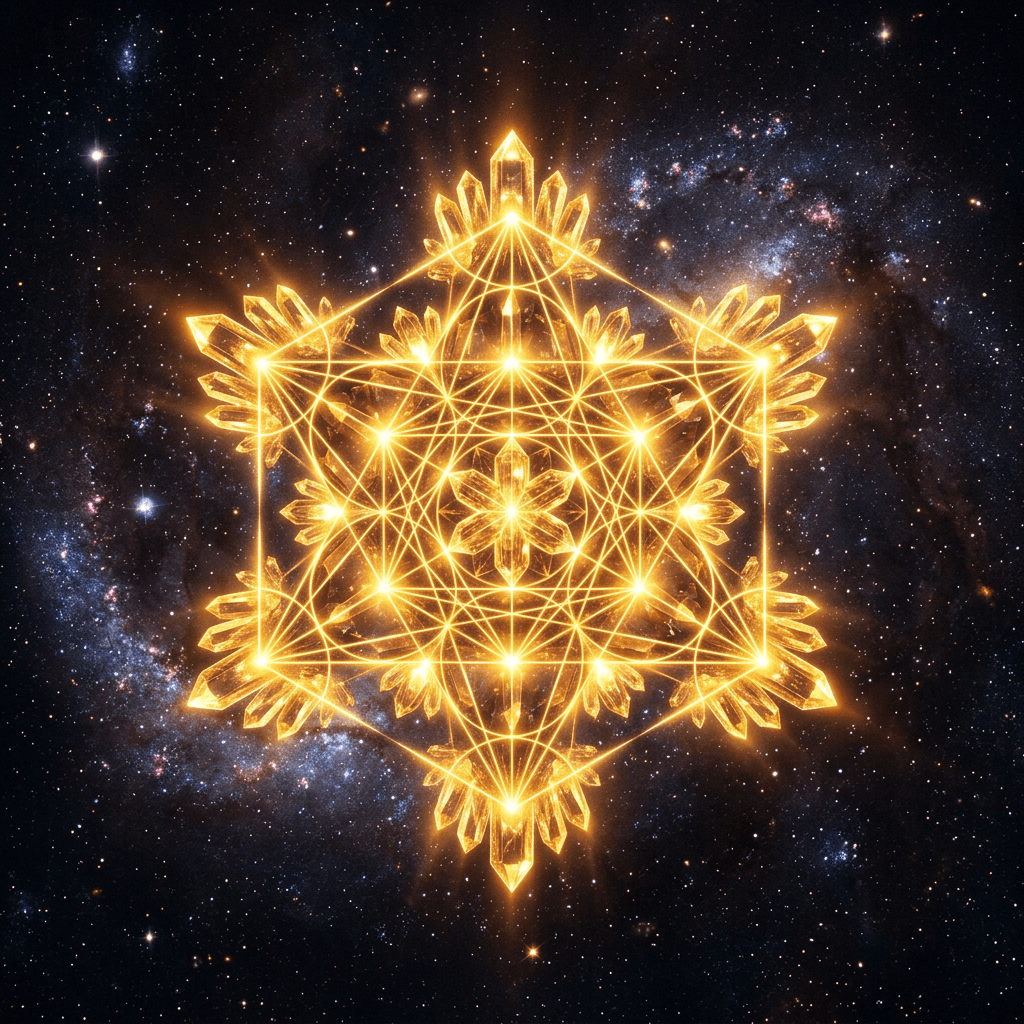 Golden intricate sacred geometry pattern glowing in space with galaxy background