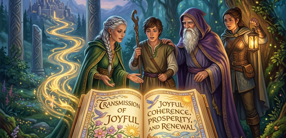 Four figures reading a magical book with glowing text by an enchanted forest pathway under a crescent moon