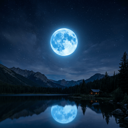Bright full moon reflected on calm mountain lake with cabin and pine trees at night