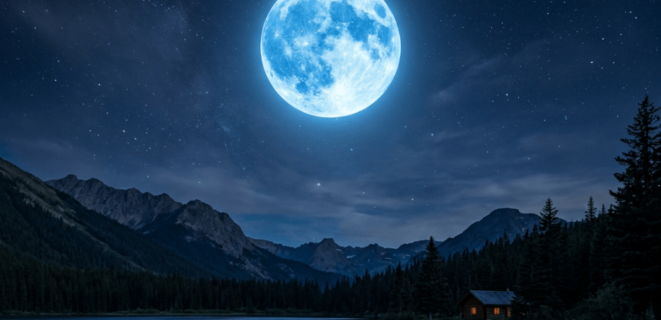 Bright full moon reflected on calm mountain lake with cabin and pine trees at night