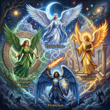 Four archangels labeled Lunar Grace, Archangelic Cycle, Wisdom, and Protection with distinct colors and symbols