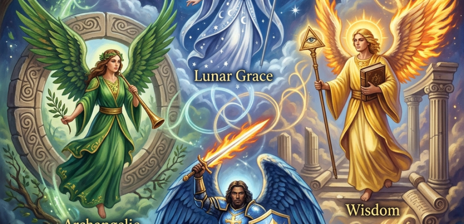 Four archangels labeled Lunar Grace, Archangelic Cycle, Wisdom, and Protection with distinct colors and symbols