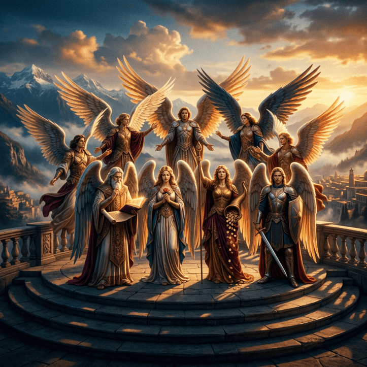 Nine angels with large wings dressed in golden armor on a stone terrace with mountains and sunset in the background