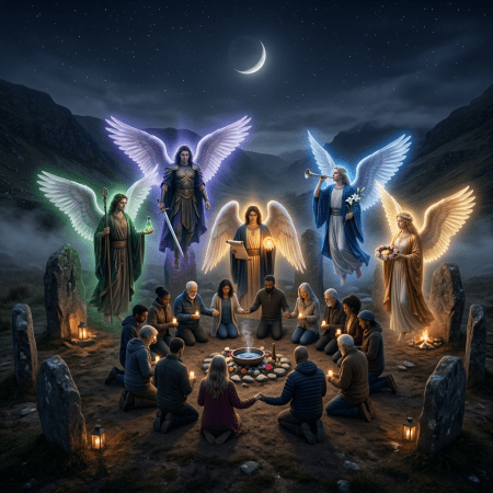 Group of people kneeling in a stone circle holding candles, surrounded by luminous angels in a mountainous night landscape