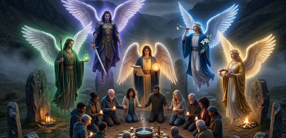 Group of people kneeling in a stone circle holding candles, surrounded by luminous angels in a mountainous night landscape