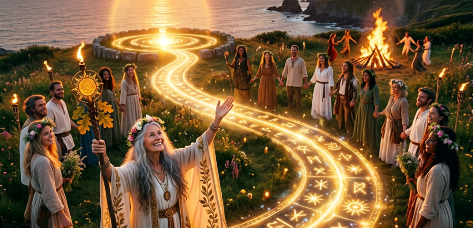 Group of people in ceremonial robes standing in a circle around glowing magical path with runes during sunset by the sea