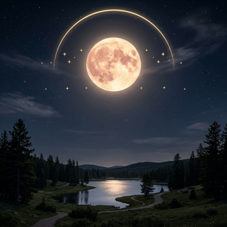 Radiant full Strawberry Moon shining over a peaceful lake surrounded by trees with a prayer text overlay