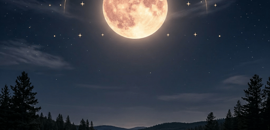 Radiant full Strawberry Moon shining over a peaceful lake surrounded by trees with a prayer text overlay