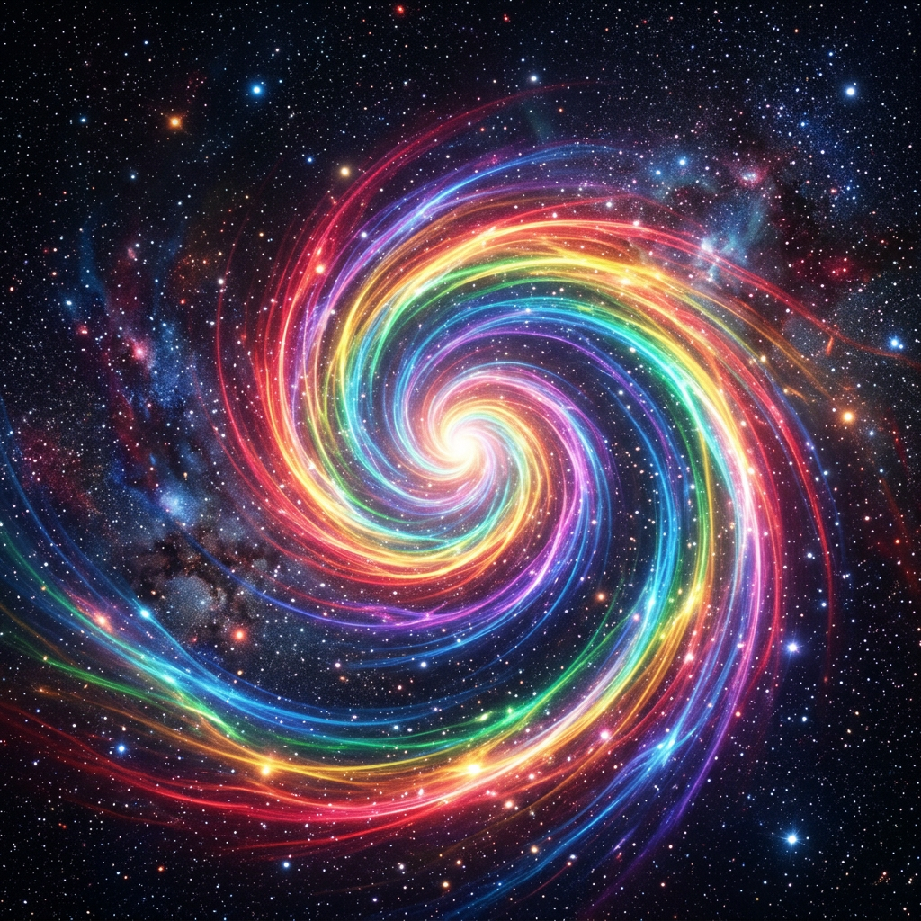 Spiral galaxy emitting bright rainbow-colored light trails among stars