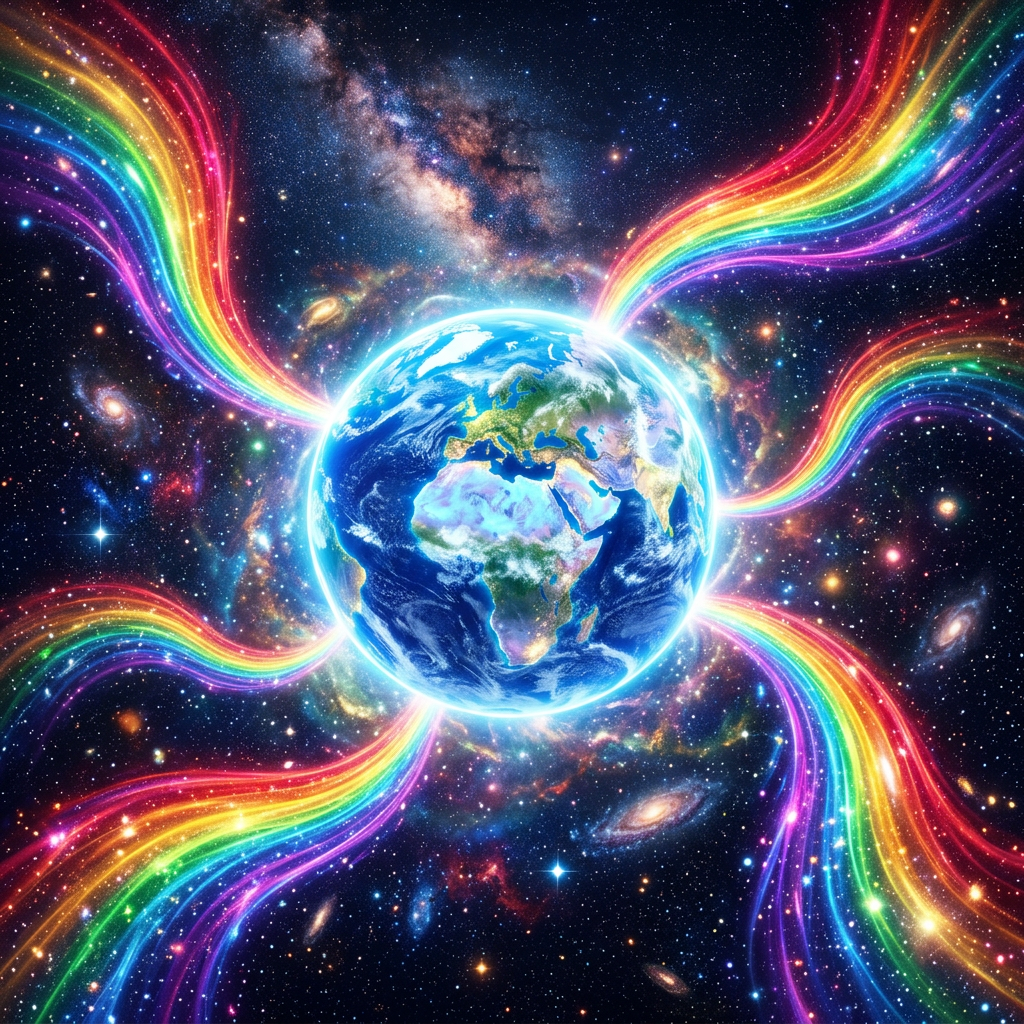 Earth in space with vibrant rainbow streams extending outward into starry galaxy