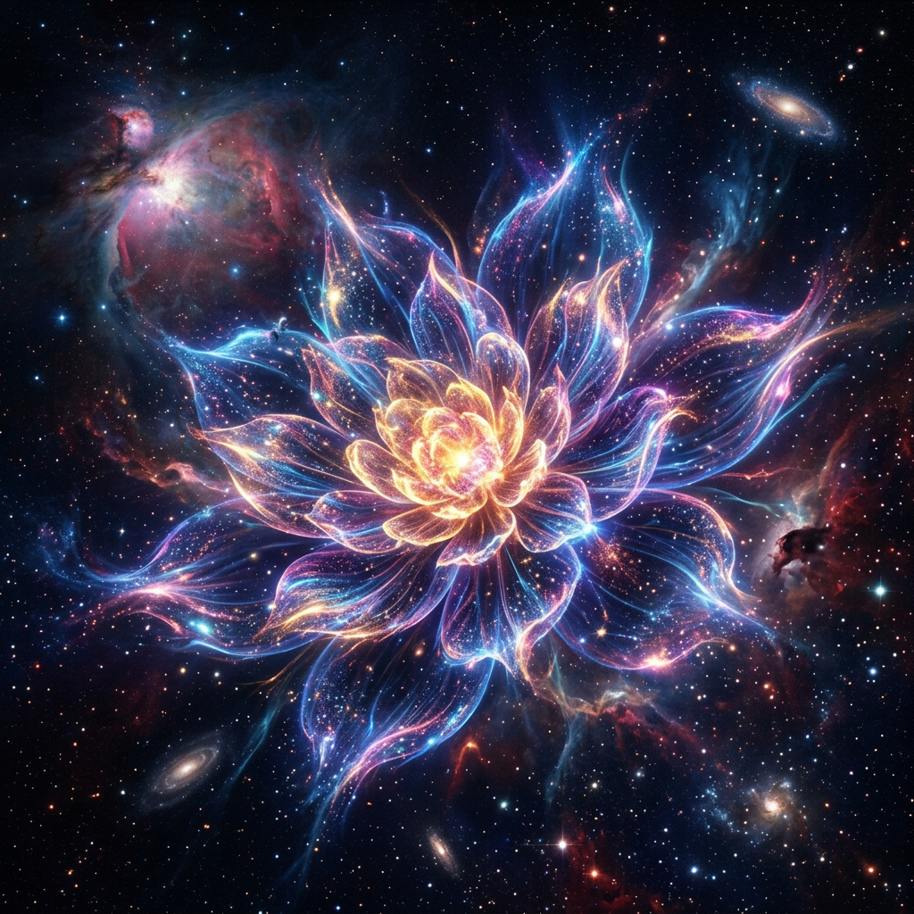 Glowing lotus-shaped cosmic nebula with colorful gaseous petals in space