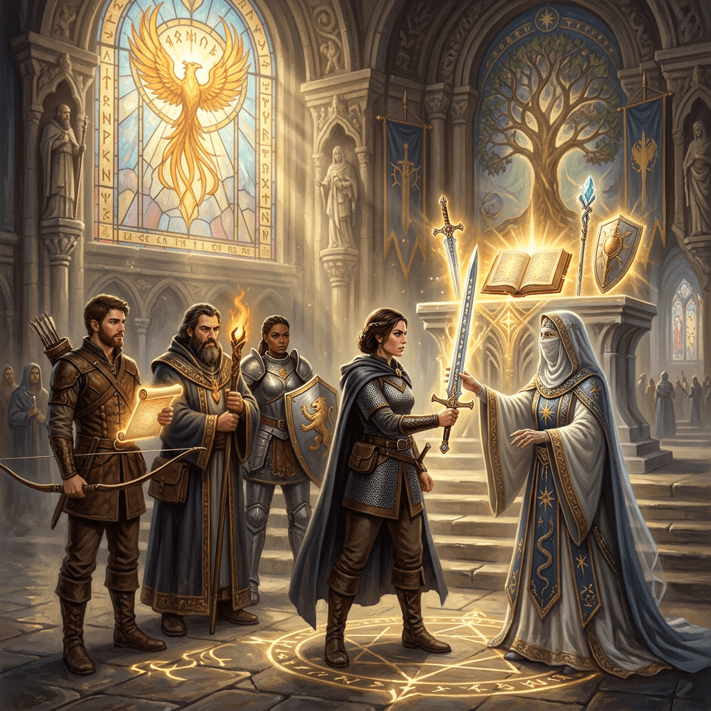 A woman in chainmail armor receives a glowing sword from a robed figure in a cathedral with magical symbols, other warriors and magical objects in background