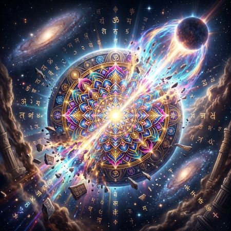 Intricate colorful mandala with cosmic galaxy background and glowing symbols