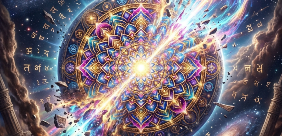 Intricate colorful mandala with cosmic galaxy background and glowing symbols