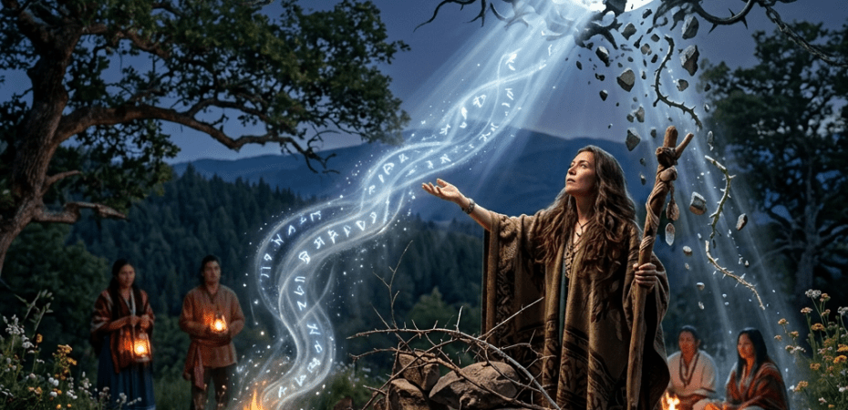 Woman conducting moon ritual with staff and campfire, forest setting