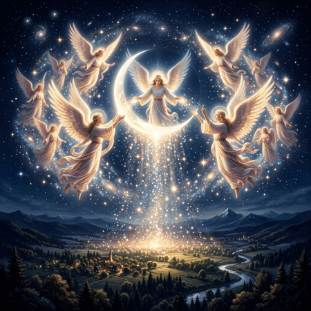 Group of angels glowing around crescent moon above a nighttime valley village