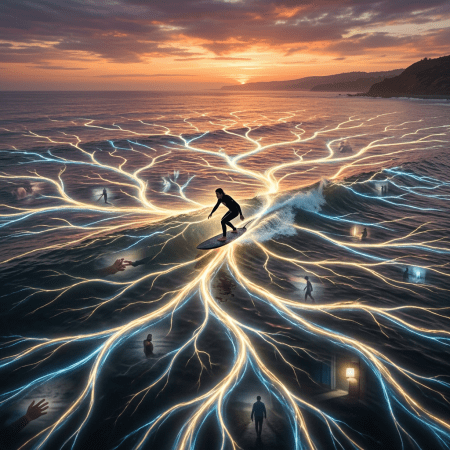 Surfer on a wave with glowing neural-like patterns and ghostly human silhouettes in the water