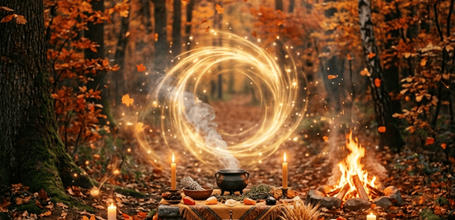 Woman tending a smoking cauldron at an autumn forest ritual