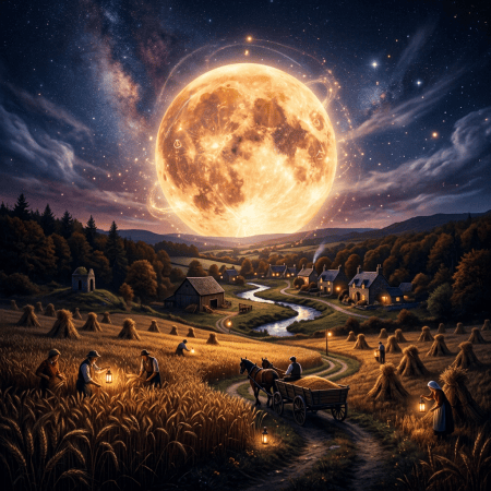 Farmers harvesting wheat beneath a gigantic glowing moon over a rural village