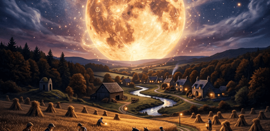 Farmers harvesting wheat beneath a gigantic glowing moon over a rural village